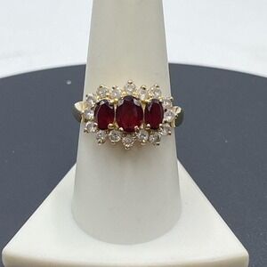 F Finecraft Vintage Vermeil Sterling  Oval Garnet Trilogy Halo CZ  Ring 9.25